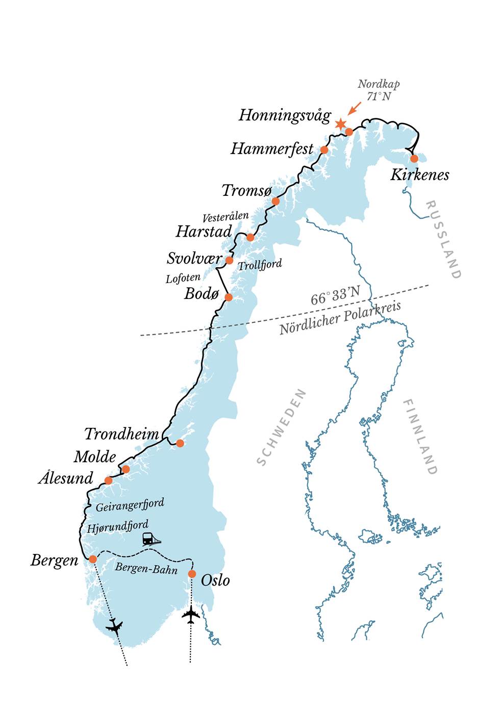 Routenkarte Bergen-Kirkenes-Bergen